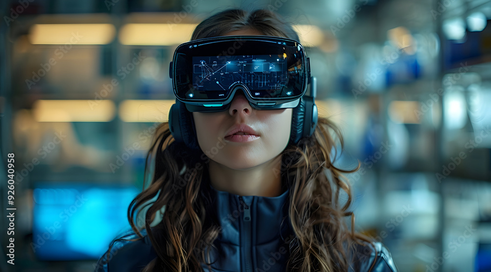Woman Wearing VR Headset with Futuristic Display - Photo