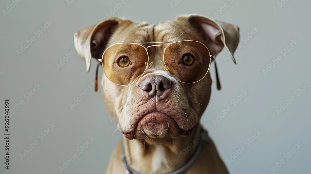 A brown and white dog wearing glasses looks directly at the camera with a serious expression. A brown and white dog wearing glasses looks directly at the camera with a serious expression.