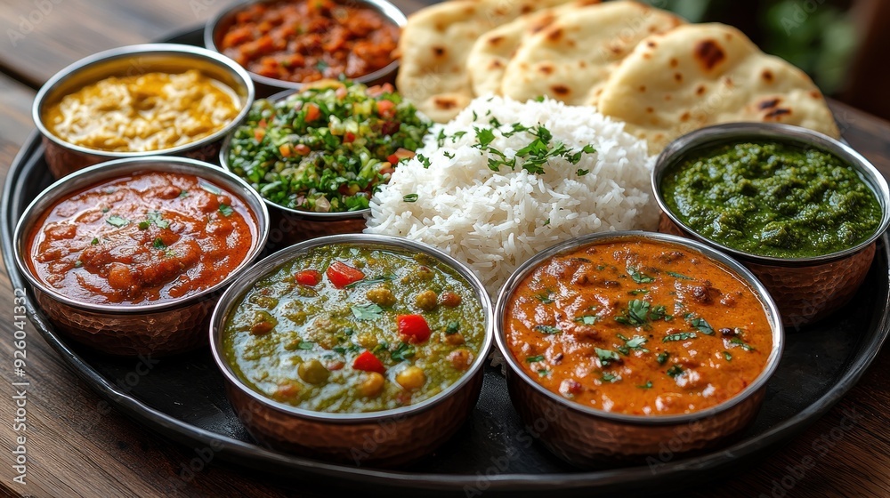 Indian Cuisine: A Thali Platter with Curries, Rice, Naan, and Side Dishes Indian Cuisine: A Thali Platter with Curries, Rice, Naan, and Side Dishes
