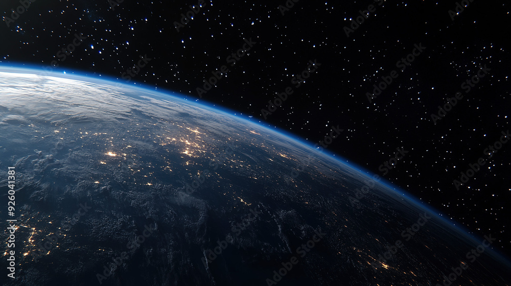 Fototapeta premium A breathtaking view of Earth from space, showcasing the planet's curvature and atmosphere with stunning clarity, set against the dark, star-filled expanse of the universe