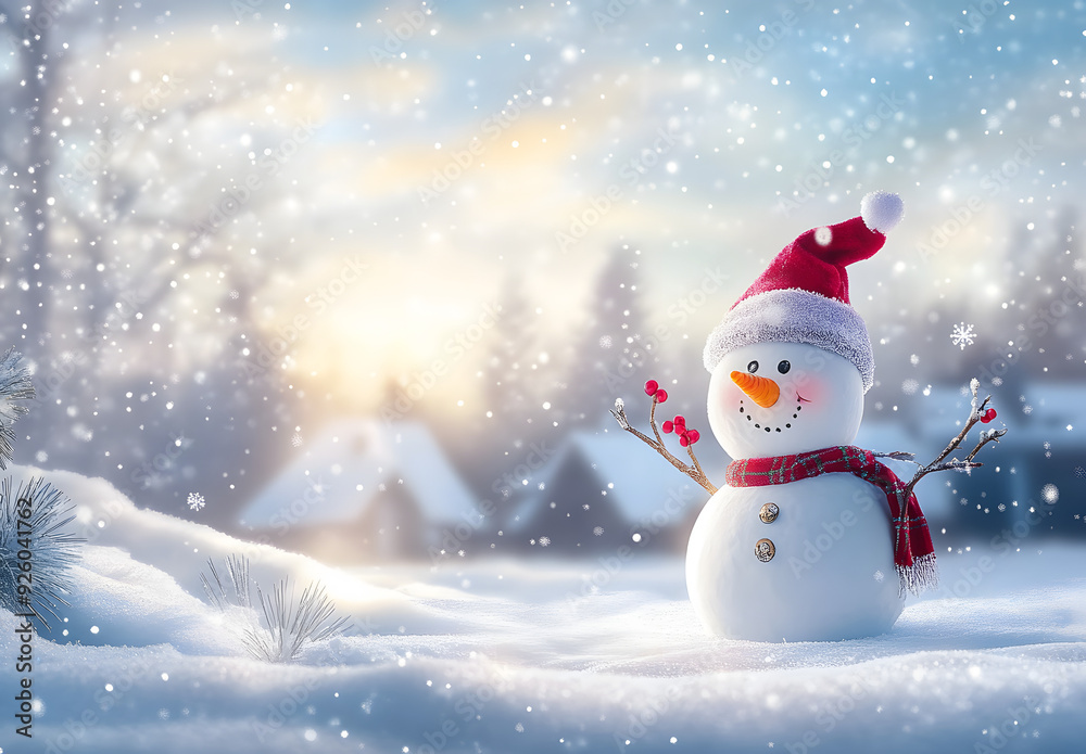 Fototapeta premium Merry christmas and happy new year greeting card with copy-space.Happy snowman standing in christmas landscape.Snow background.Winter fairytale.