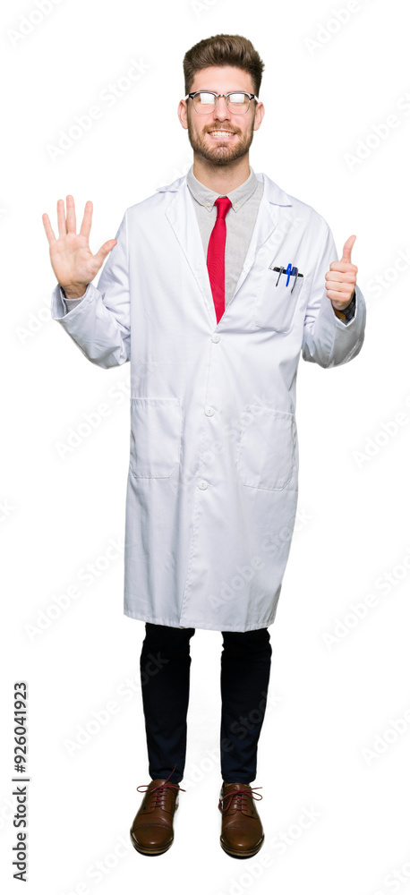 Young handsome scientist man wearing glasses showing and pointing up with fingers number six while smiling confident and happy. Young handsome scientist man wearing glasses showing and pointing up with fingers number six while smiling confident and happy.