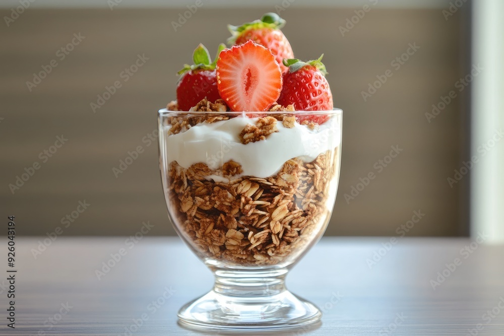 Granola, yogurt, and strawberries in a glass. This photo can be used for food blogs, magazines, or advertisements. Granola, yogurt, and strawberries in a glass. This photo can be used for food blogs, magazines, or advertisements.