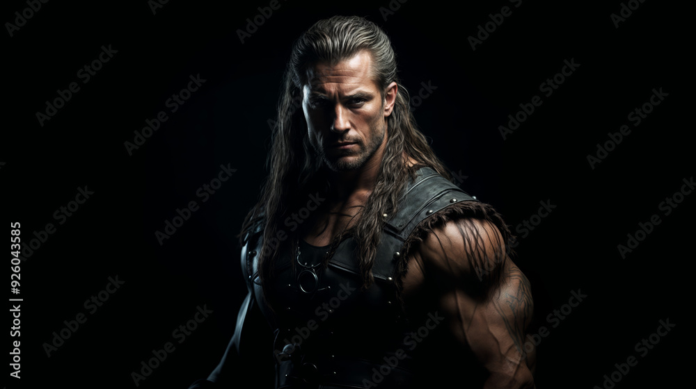 Fierce warrior with long hair and muscular physique, wearing dark leather armor, intense gaze against black background, embodying strength and determination Fierce warrior with long hair and muscular physique, wearing dark leather armor, intense gaze against black background, embodying strength and determination