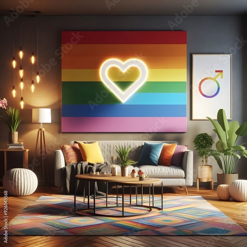 Modern Living Room Interior with Rainbow Pride Flag and Neon Heart