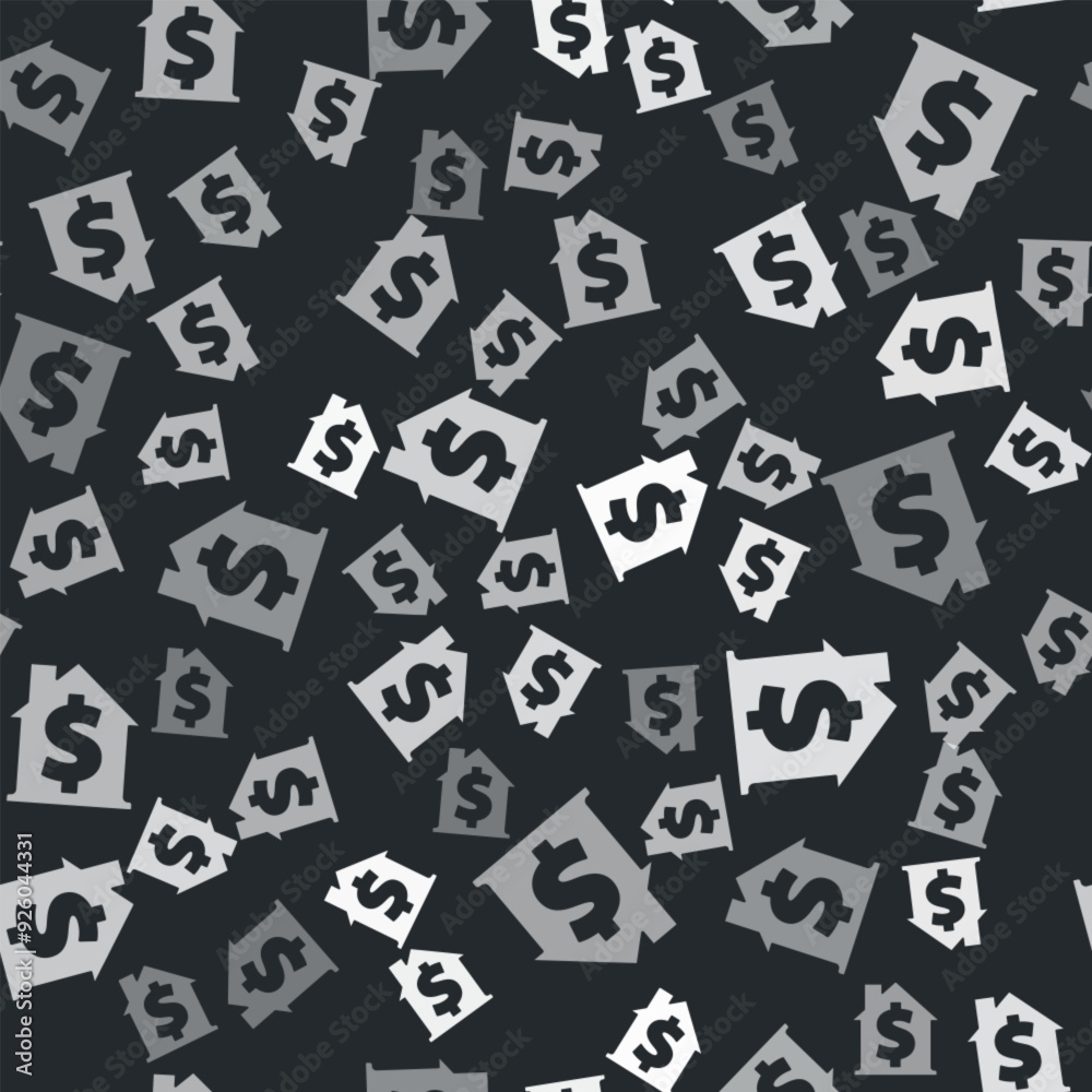 Grey House with dollar symbol icon isolated seamless pattern on black background. Home and money. Real estate concept. Vector Grey House with dollar symbol icon isolated seamless pattern on black background. Home and money. Real estate concept. Vector