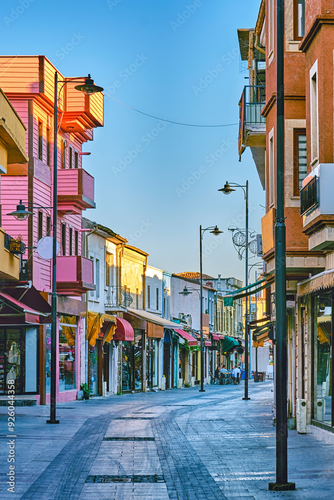 Fototapeta premium Chanakkale, Colorful streets with old beautiful houses and souvenir shops and restaurants