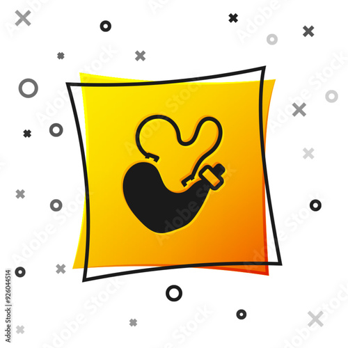 Black Spanish wineskin icon isolated on white background. Yellow square button. Vector