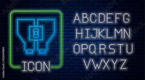Glowing neon Binoculars icon isolated on brick wall background. Find software sign. Spy equipment symbol. Neon light alphabet. Vector