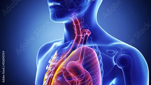 Illustrative Depiction of Gastroesophageal Reflux Disease Symptoms with Discomfort in the Chest and Throat. Medical Condition Awareness.