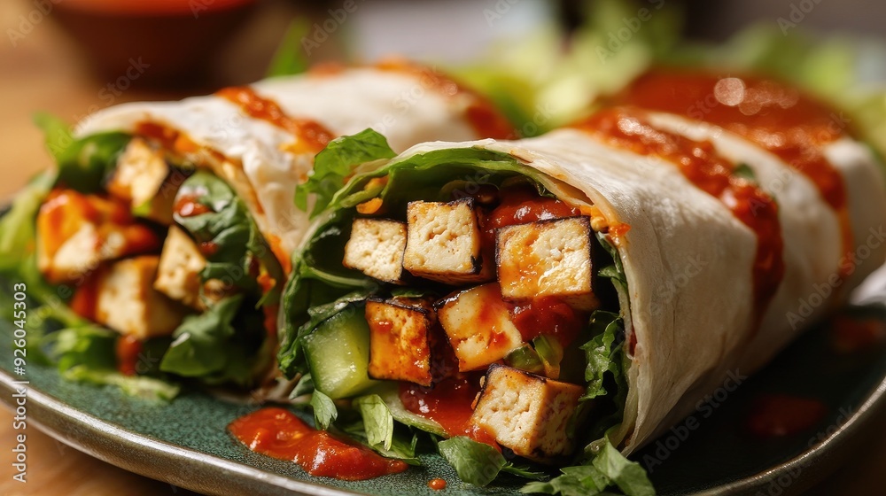 Delicious tofu wrap with red sauce and greens. Perfect for showcasing healthy and flavorful food. Delicious tofu wrap with red sauce and greens. Perfect for showcasing healthy and flavorful food.