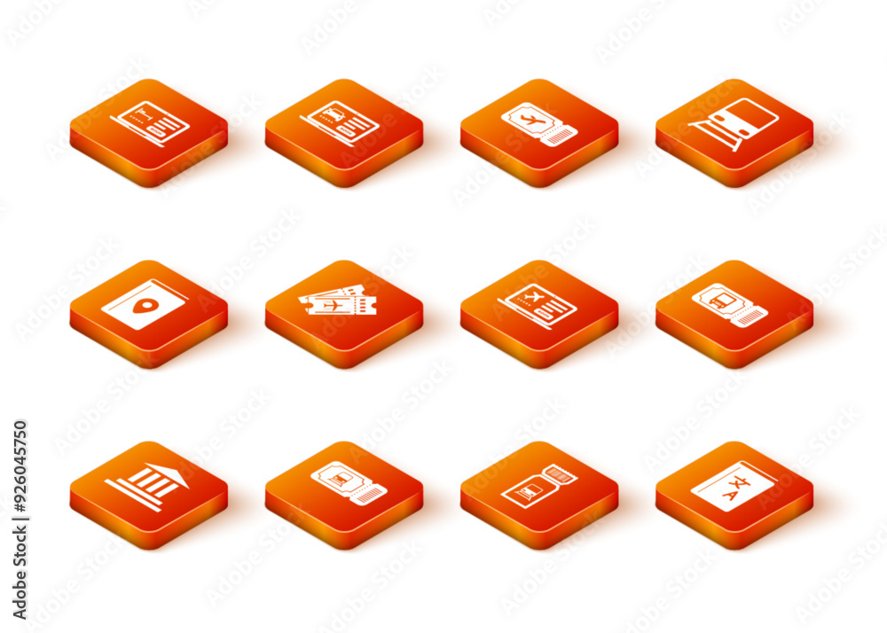 Set Museum building, Train ticket, Cover book travel guide, Airline, Laptop with, Translator and Bus icon. Vector Set Museum building, Train ticket, Cover book travel guide, Airline, Laptop with, Translator and Bus icon. Vector