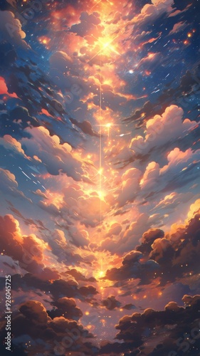 Ethereal Skies: Enchanting Anime-Style Clouds and Stars with a Sunset Afterglow, a Celestial Canvas of Natural Beauty Perfect for Gaming Art and Storybook Illustrations in 4K photo