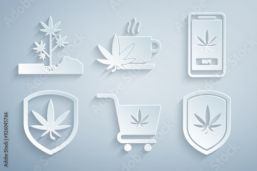 Set Shopping cart with marijuana, Online buying, Shield and, Cup tea and Planting icon. Vector