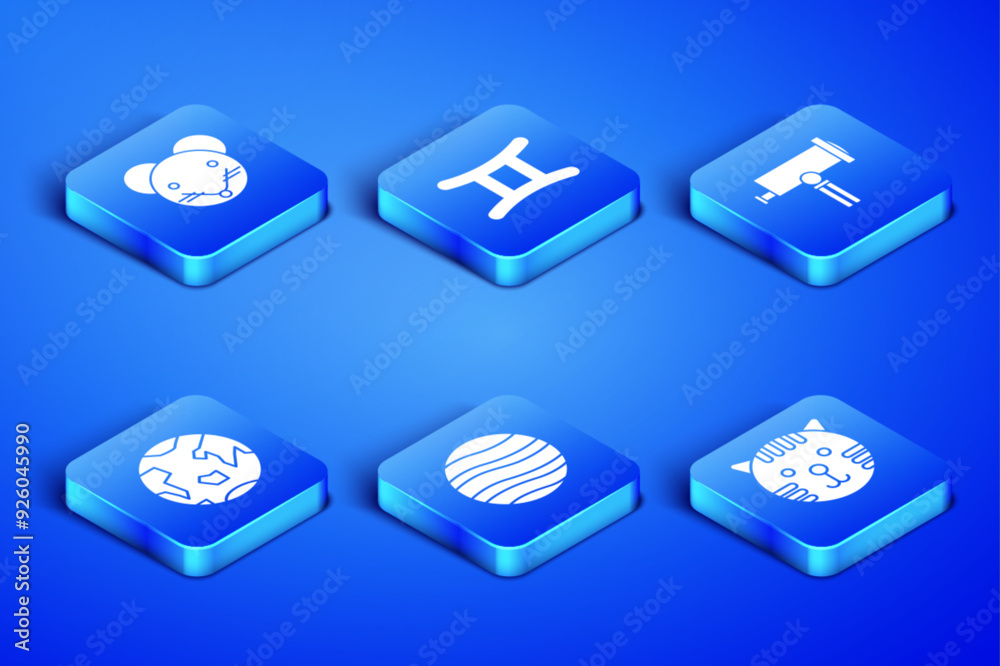 Set Tiger zodiac, Rat, Planet Jupiter, Earth, Gemini and Telescope icon. Vector Set Tiger zodiac, Rat, Planet Jupiter, Earth, Gemini and Telescope icon. Vector