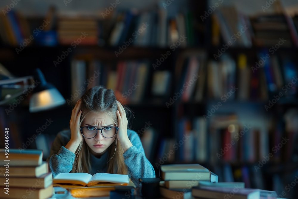 Young student with contracted gesture and hands on head due to exam stress. Young student with contracted gesture and hands on head due to exam stress.