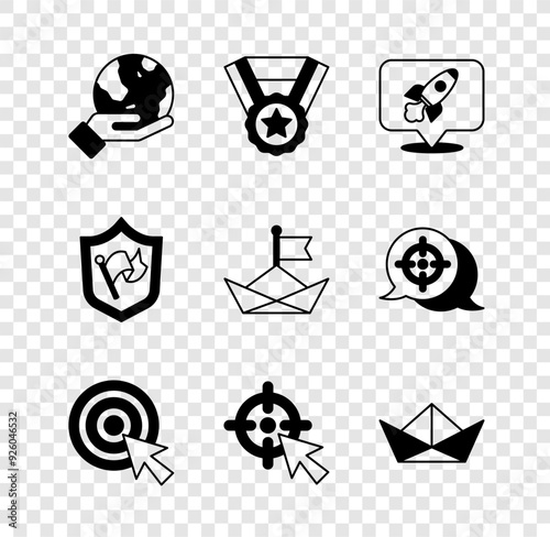Set Hand holding Earth globe, Medal, Rocket ship, Target with arrow, Folded paper boat, Shield flag and icon. Vector