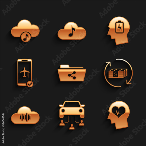 Set Share folder, Car sharing, Head with heartbeat, Refund money, Music streaming service and Flight mode the mobile icon. Vector