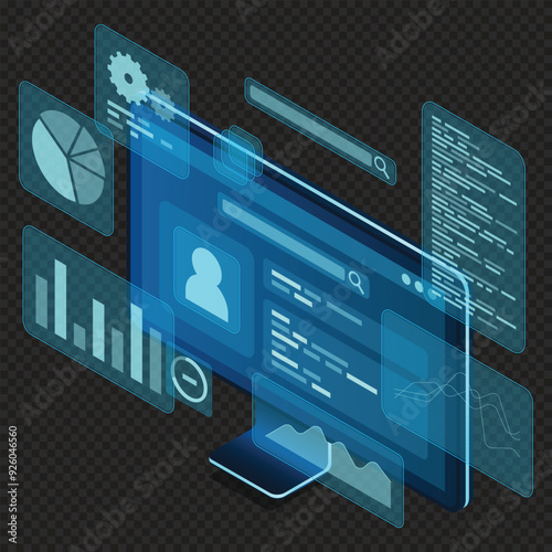 Computer monitor with blue virtual holographic projections with graphs and charts for data analysis. Analytics data on monitor. Web development concept