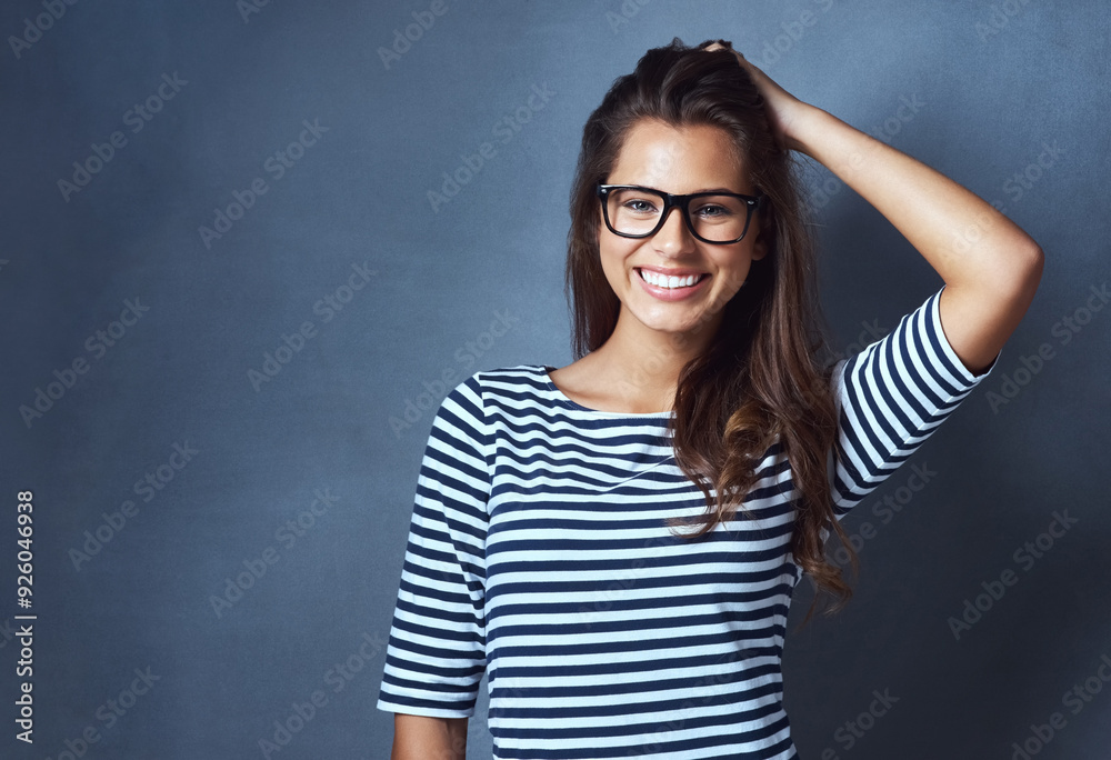 Woman, glasses and portrait with confidence, eye care and optometry on gray studio background. Female person, face and happy for eyewear, sight and lens with casual outfit, clear vision and smile Woman, glasses and portrait with confidence, eye care and optometry on gray studio background. Female person, face and happy for eyewear, sight and lens with casual outfit, clear vision and smile