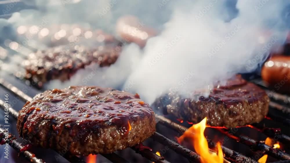 Close-up of juicy burgers and hot dogs grilling on the BBQ, with smoke rising in the background at a backyard party. Close-up of juicy burgers and hot dogs grilling on the BBQ, with smoke rising in the background at a backyard party.