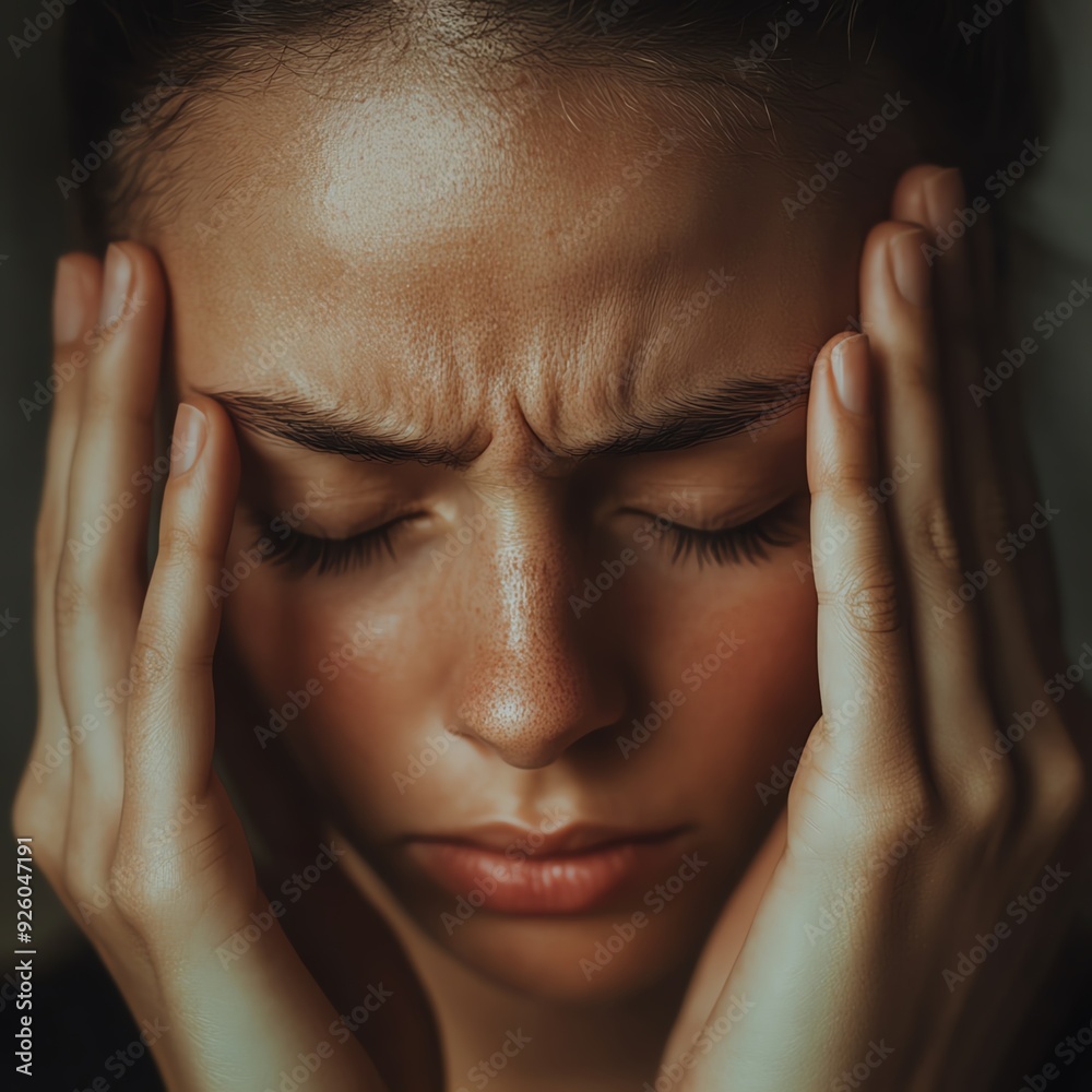 Closeup of a person massaging their temple, suffering from a relentless migraine ache, mental health awareness. Closeup of a person massaging their temple, suffering from a relentless migraine ache, mental health awareness.