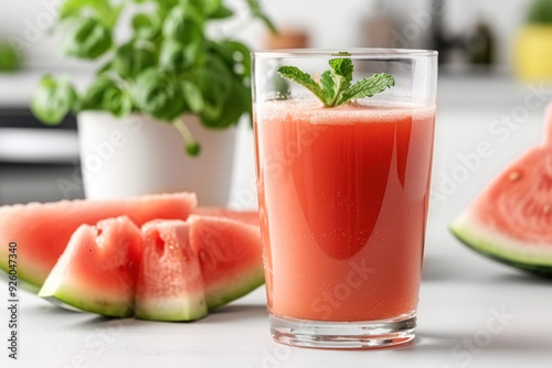 A glass of watermelon fruit juice, healthy drink vegan food