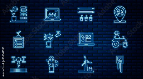 Set line Temperature and humidity sensor, Wireless tractor on smart farm, Smart with bulb plant, farming technology, Flower status, and icon. Vector