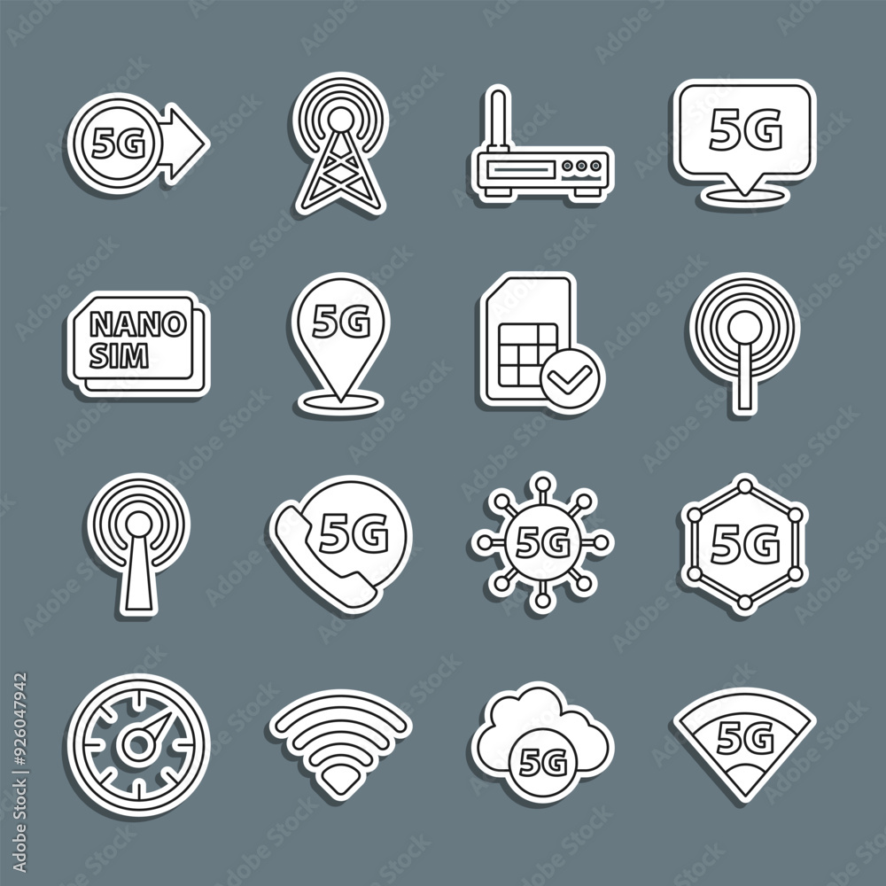 Set line 5G network, Antenna, Router and wi-fi signal, Location, Nano Sim Card, and card icon. Vector Set line 5G network, Antenna, Router and wi-fi signal, Location, Nano Sim Card, and card icon. Vector