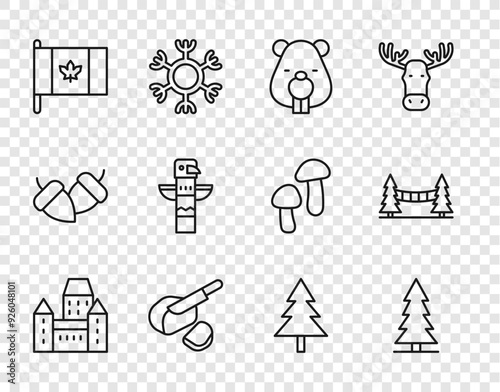 Set line Chateau Frontenac hotel, Canadian spruce, Beaver animal, Peameal bacon, Flag of Canada, totem pole, Christmas tree and Capilano Suspension Bridge icon. Vector