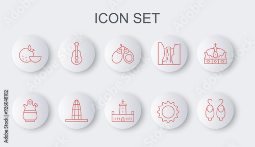 Set line Earrings, Sangria pitcher, Castanets, Sun, Orange fruit, Spanish guitar, Agbar tower and Montjuic castle icon. Vector