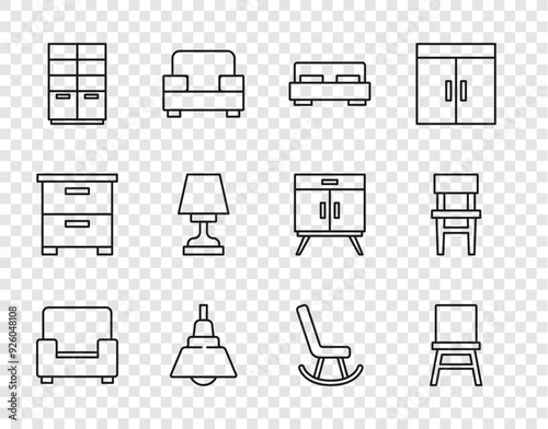 Set line Armchair, Chair, Big bed, Chandelier, Wardrobe, Table lamp, and icon. Vector