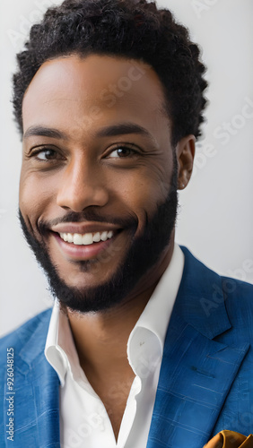 A successful African American businessman, wearing a blue suit, billionaire, American Dream