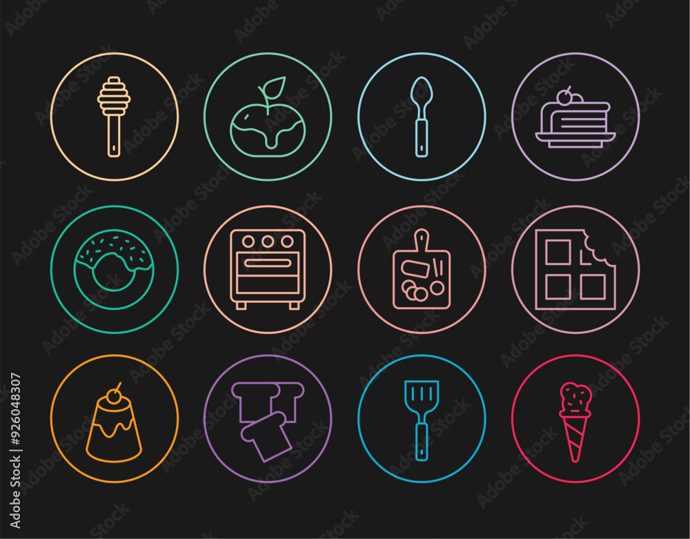 Set line Ice cream in waffle cone, Chocolate bar, Spoon, Oven, Donut, Honey dipper stick, Cutting board and Apple caramel icon. Vector Set line Ice cream in waffle cone, Chocolate bar, Spoon, Oven, Donut, Honey dipper stick, Cutting board and Apple caramel icon. Vector