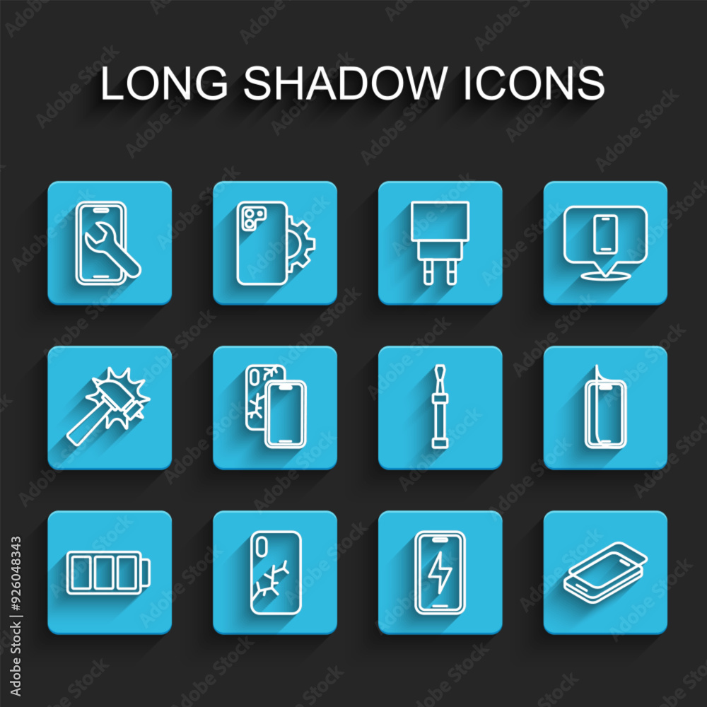Set line Battery, Mobile with broken screen, service, charging battery, Glass protector, and Screwdriver icon. Vector Set line Battery, Mobile with broken screen, service, charging battery, Glass protector, and Screwdriver icon. Vector