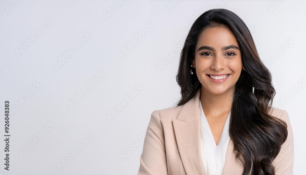 Smiling positive, attractive asian young woman, girl in beige suit formal dress, portrait elegant of pretty with long black hair, feeling happy looking at camera standing isolated on white background. Smiling positive, attractive asian young woman, girl in beige suit formal dress, portrait elegant of pretty with long black hair, feeling happy looking at camera standing isolated on white background.