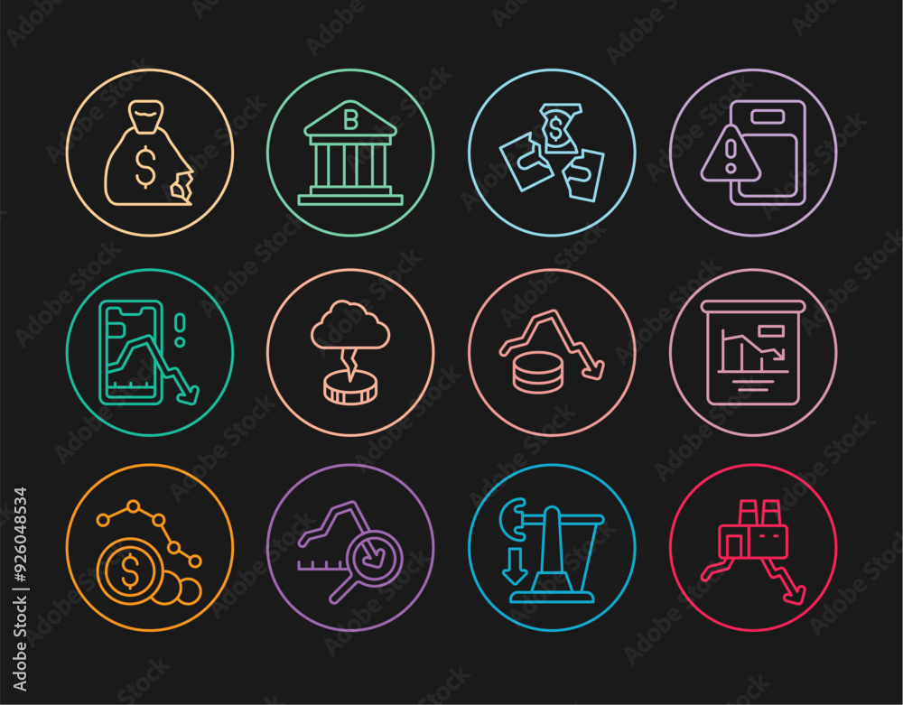 Set line Shutdown of factory, Pie chart infographic, Tearing money banknote, Storm, Mobile stock trading, Money bag, Dollar rate decrease and Bank building icon. Vector Set line Shutdown of factory, Pie chart infographic, Tearing money banknote, Storm, Mobile stock trading, Money bag, Dollar rate decrease and Bank building icon. Vector
