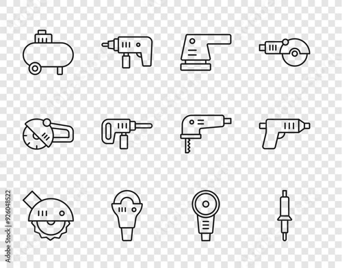 Set line Electric circular saw, Soldering iron, sander, Angle grinder, Air compressor, drill machine, and cordless screwdriver icon. Vector