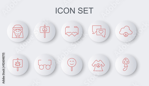 Set line Psilocybin mushroom, Marijuana, Heart shaped love glasses, Peace dress print stamp, Hippie girl, Glasses and Smile face icon. Vector
