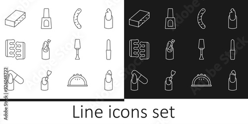 Set line Broken nail, Nail file, manicure, Toe separator for pedicure, polish and Bottle of icon. Vector