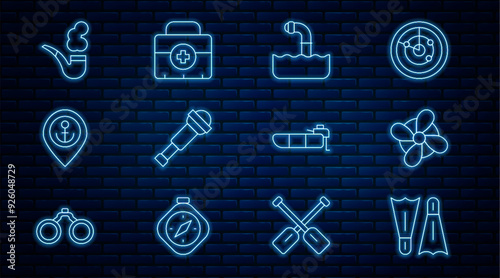 Set line Flippers for swimming, Boat propeller, Periscope, Spyglass telescope lens, Location with anchor, Smoking pipe, Inflatable boat motor and First aid kit icon. Vector