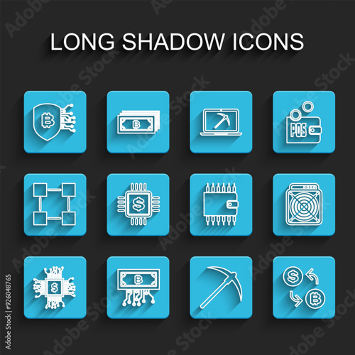 Set line Processor chip with dollar, Cryptocurrency bitcoin circuit, Shield, Pickaxe, exchange, ASIC Miner and wallet icon. Vector