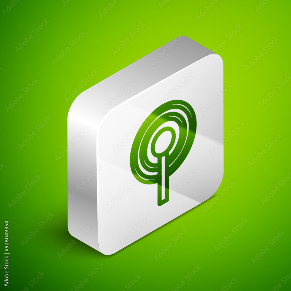 Isometric line Antenna icon isolated on green background. Radio antenna wireless. Technology and network signal radio antenna. Silver square button. Vector Isometric line Antenna icon isolated on green background. Radio antenna wireless. Technology and network signal radio antenna. Silver square button. Vector