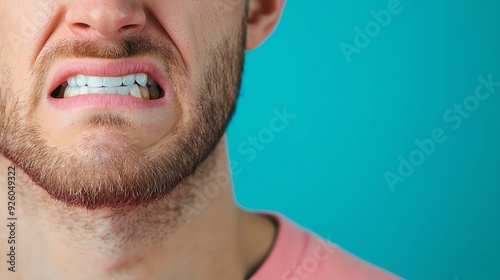 Closeup of a persons face grimacing, showing sharp toothache pain and hurt, dental emergency photo