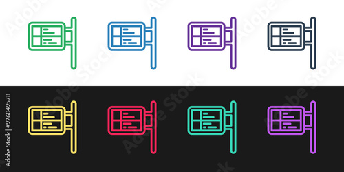 Set line Public transport board icon isolated on black and white background. Mechanical scoreboard. Info of flight on the billboard in the train. Vector