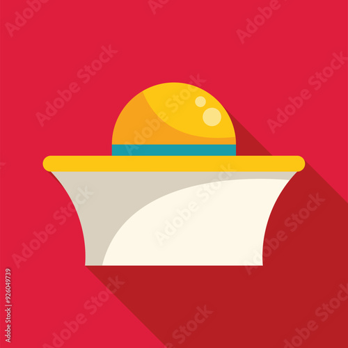 Yellow straw hat with a blue band is casting a long shadow that resembles a cruise ship on a red background