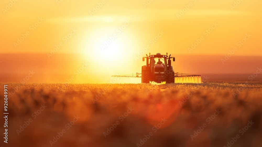Fototapeta premium Tractor Spraying Field at Sunset