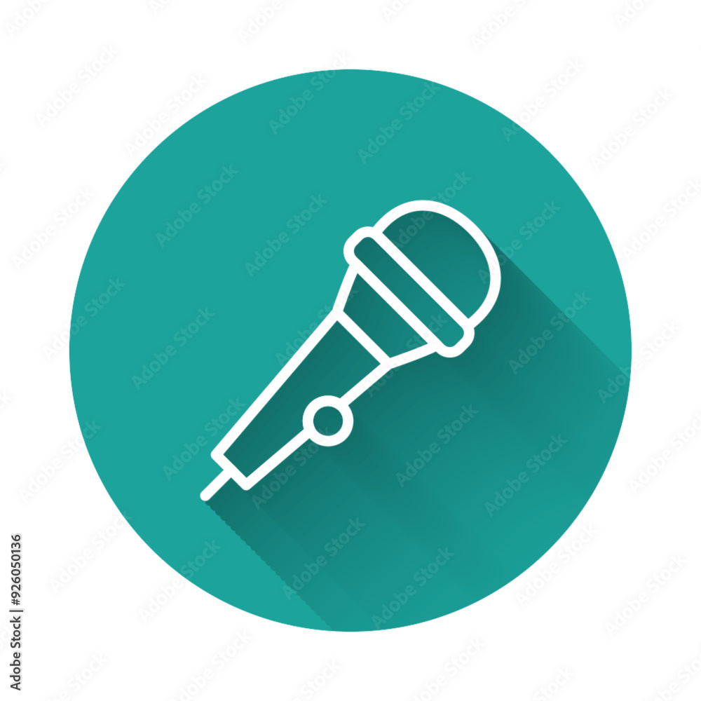 White line Microphone icon isolated with long shadow background. On air radio mic microphone. Speaker sign. Green circle button. Vector