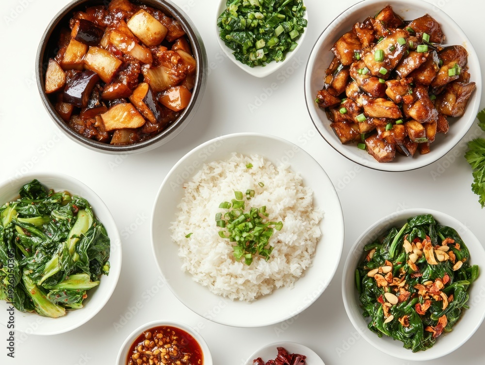 A beautifully arranged meal featuring rice and various vegetable dishes.