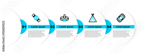 Set line Rafting boat, Tourist tent, Head flashlight and Compass icon. Vector